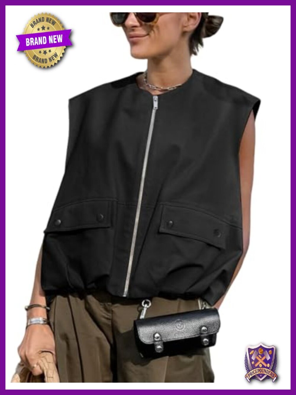 Oversized Zip Up Cargo Vest Sleeveless Ruched Hem Pockets